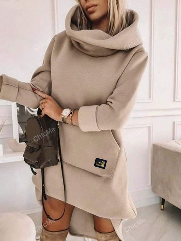 Casual High Neck Hooded Sweatshirt Dress with Details, Autumn/Winter