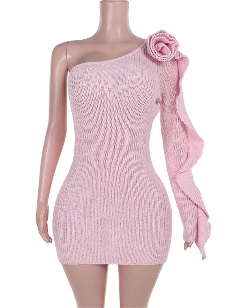 Floral Knit Sweater Mini Dress Female One-Shoulder Ribbed Patchwork Ruffled Elegant Slim Dress Women'S Knitwear Mini Dress