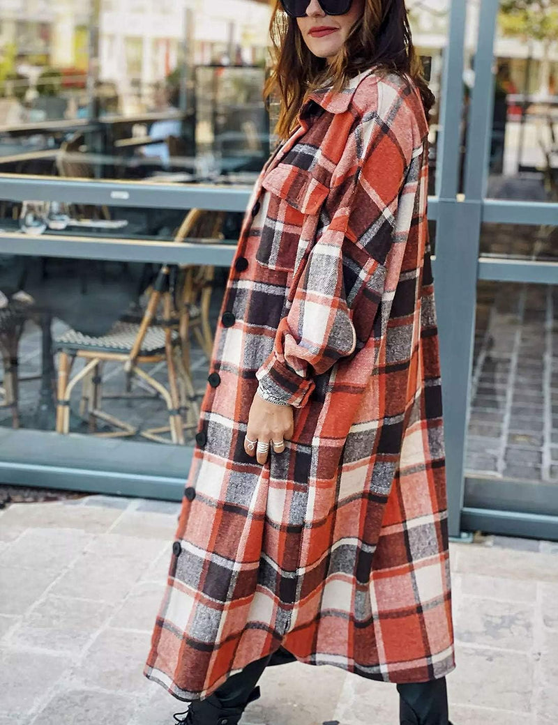 Women'S Flannel Plaid Shacket Long Sleeve Lounge Lapel Button down Shirt Jacket Trench Coat 2024